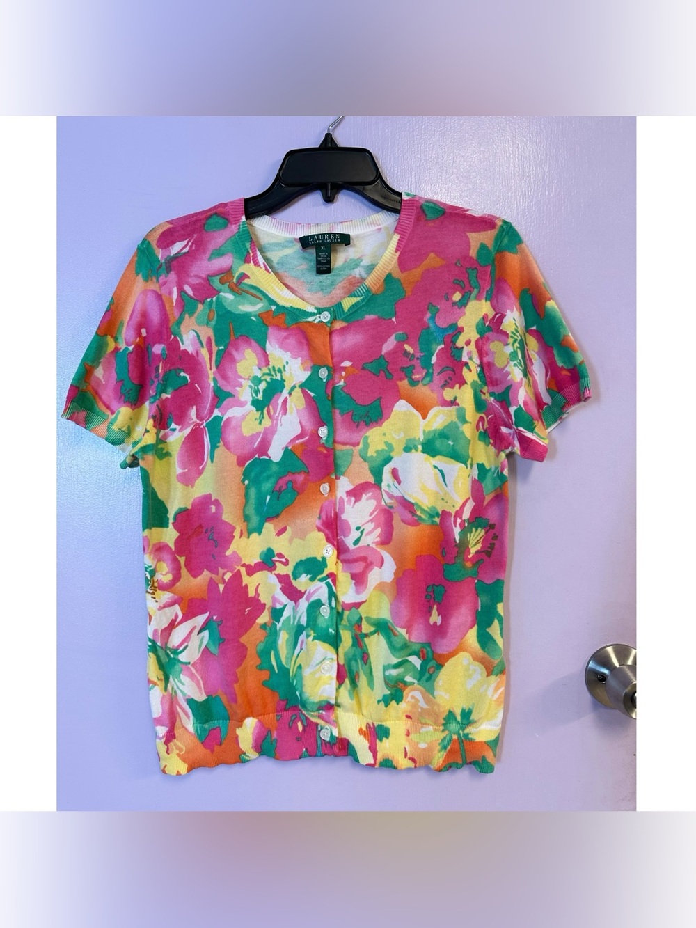 Lauren Ralph Lauren Floral Button Cardigan Short Sleeve 100% Cotton Size XL